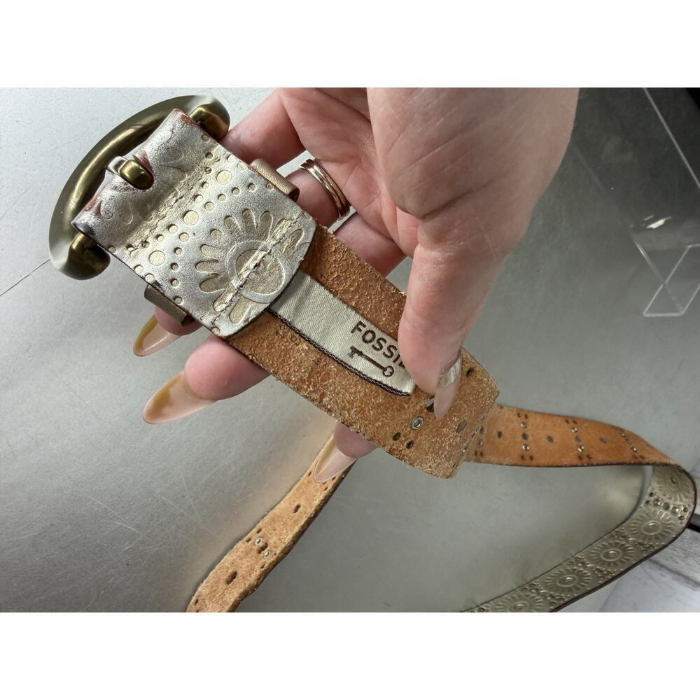 Fossil Gold Floral Metallic Leather Belt Buckle Size Large Boho Statement Y2K - Picture 2 of 4
